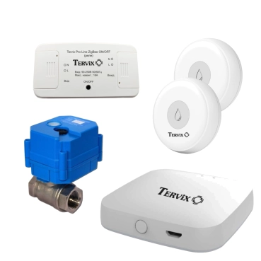 Комплект антипотоп 1/2” н/з 220 В, Tervix ProLine ZigBee Gateway, 2 датчика протечки Tervix, реле Tervix