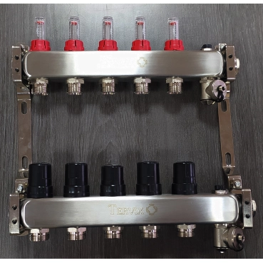 Коллектор на 4 контура, с расходомерами, краном Маевского и сливным, нержавеющая сталь Tervix Pro Line (501204)