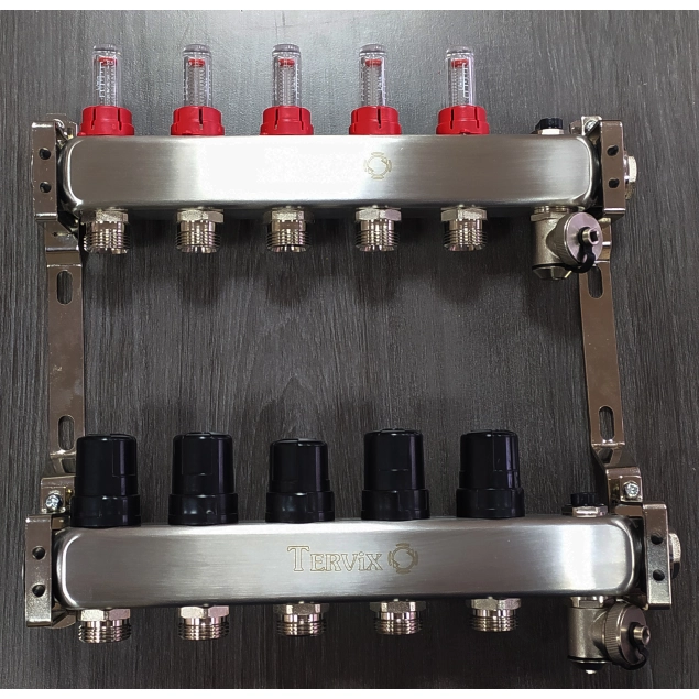 Коллектор на 4 контура, с расходомерами, краном Маевского и сливным, нержавеющая сталь Tervix Pro Line (501204)