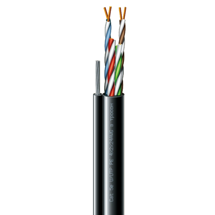 Кабель витая пара  (UTP медь уличный с тросом) ЗЗЦМ Cat. 5e U/UTP  РЕ steel cord 4x2x24 AWG (k) трос (70910181) бухта 500м.
