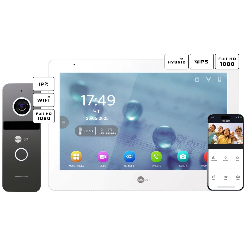 Комплект відеодомофону 10.1” Neolight MEZZO Hybrid + SOLO IPW (Graphite) з куточком, PoE адаптер для панелі викликів