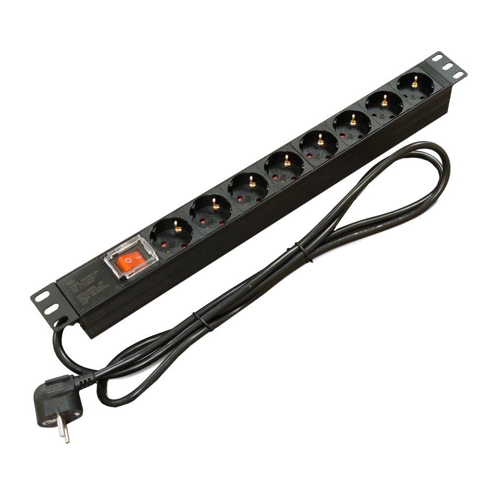 Блок 19” на 8 роз. нем. станд., 16А, 1U, с выключателем, шнур 1.8м Kingda