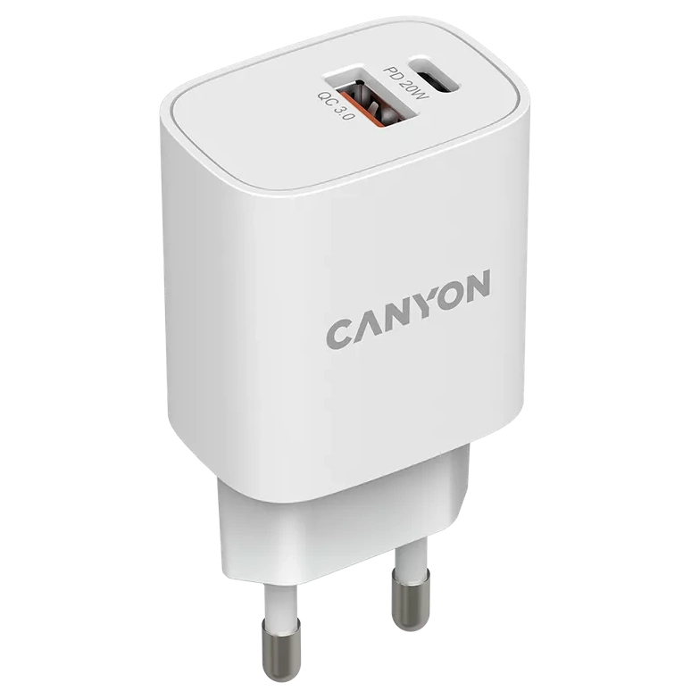 Сетевое зарядное устройство Canyon H-08 white (QC18W/PD 20W)