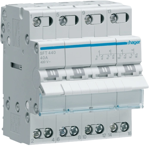 Переключатель I-0-II с общим выходом сверху, 4-пол., 40А/400В Hager SFT440