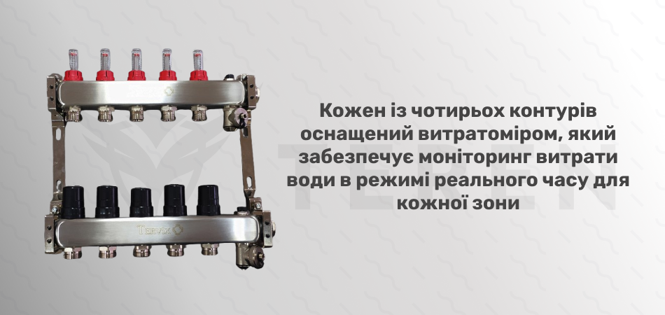 Коллектор на 4 контура, с расходомерами, краном Маевского и сливным, нержавеющая сталь Tervix Pro Line (501204) - Фото 2