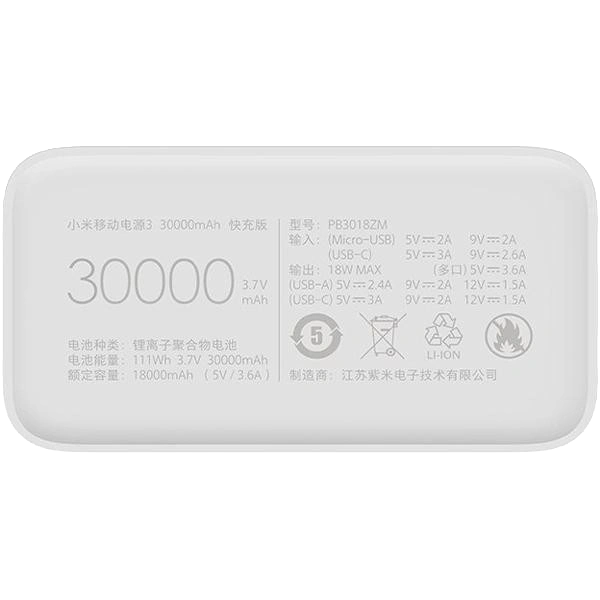 Повербанк Xiaomi Mi Power Bank 3 30000 mAh 24W Fast Charge PB3018ZM White (VXN4307CN) - Фото 3